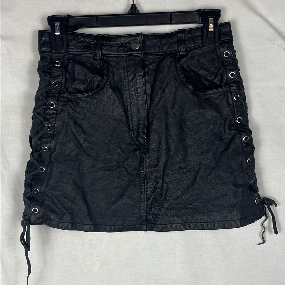 First Genuine Leather Black Lace Up Mini Skirt